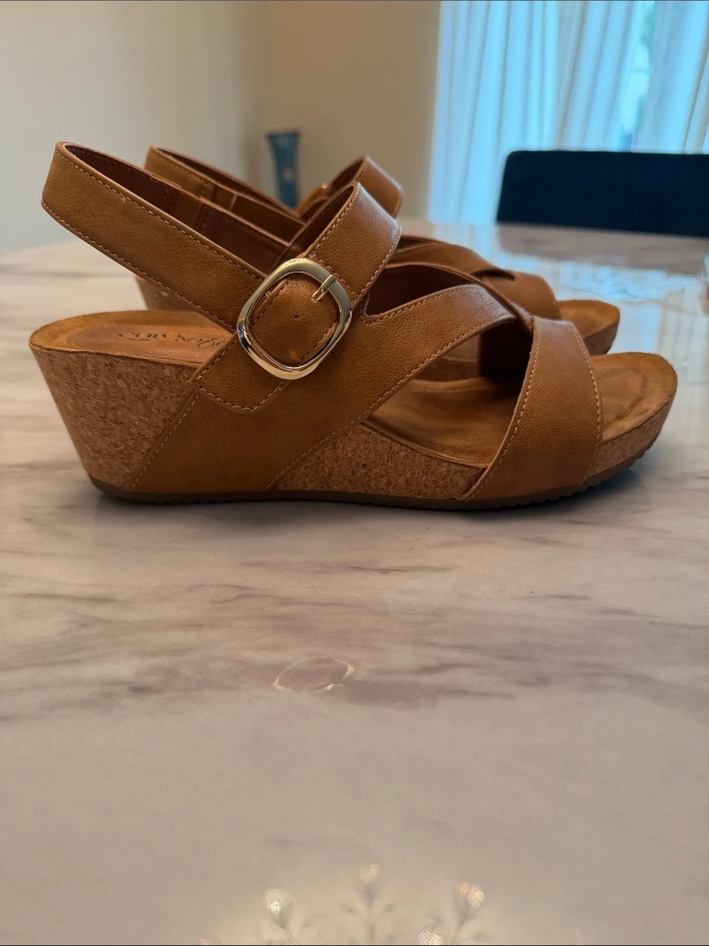 Women’s Tan Wedge Sandals with Buckle Strap
